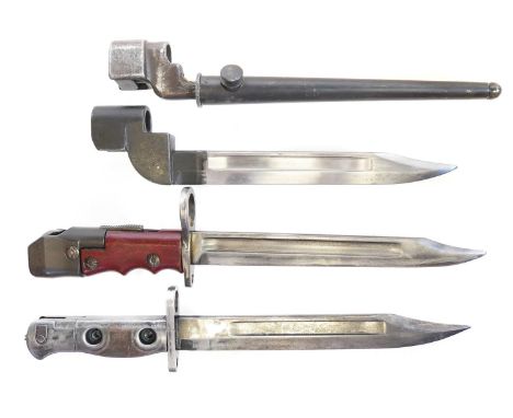 Four British bayonets, Four British bayonets, to include an L1A3 SLR / FAL bayonet, and a No.7 swivel pommel bayonet for Sten