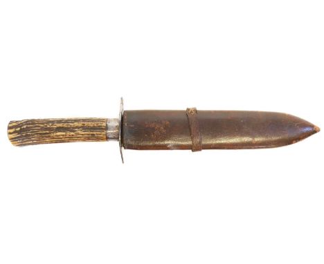 Victorian spear point knife, Spear point Bowie knife, 7.5inch blade, oval steel guard and stag horn grip, in leather scabbard