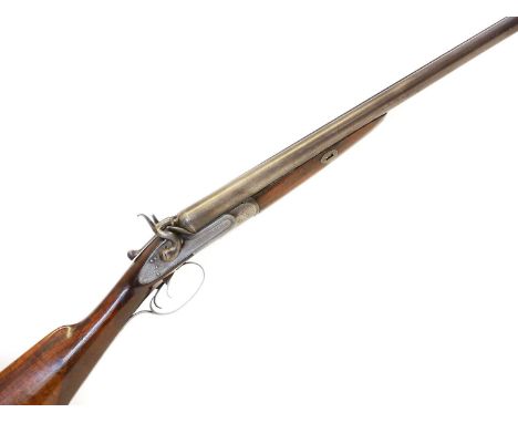 Deactivated 12 bore side by side hammergun / shotgun by Scott of London, 30 inch barrels, scroll engraved actions, serial num