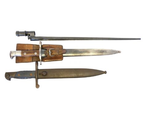 Three bayonets, to include a Schmidt Rubin M1918 bayonet and scabbard with leather frog, the ricasso stamped Maschinenfabrik 