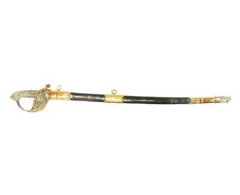 Royal Navy officers sword Royal Navy Officers sword and scabbard, 1827 pattern with lion head pommel and folding guard, the r