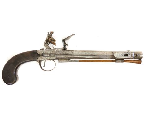 Impressive Flintlock boxlock pistol with sprung bayonet. Impressive Flintlock boxlock pistol with sprung bayonet, 8inch 16 bo