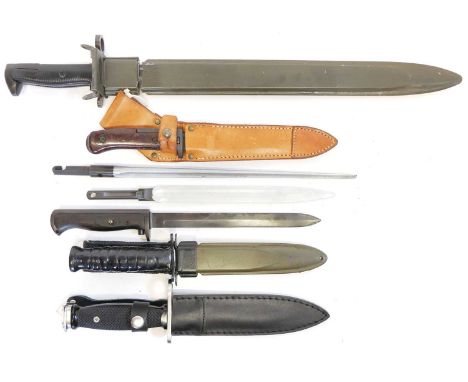 Collection of bayonets and a knife Collection of bayonets and knives to include two US bayonets and scabbards, to include a G