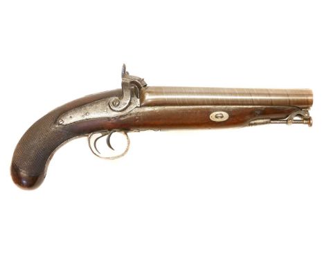 Percussion double barrel Howdah pistol Percussion double barrel 12 bore Howdah pistol, 7inch rebrowned Damascus barrels faint