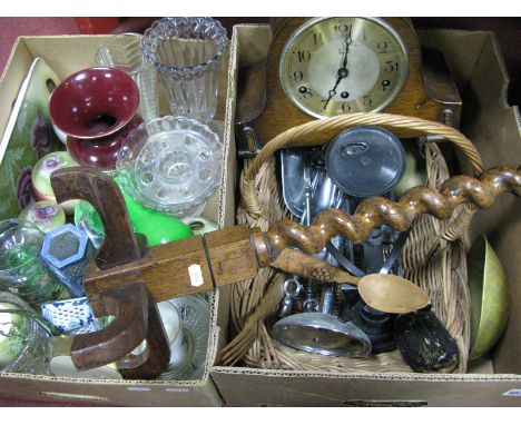 Scales, brass weights, wicker basket, 1920's oak cased clock, oak stand fire irons, together with a press glass vase etc:- Tw