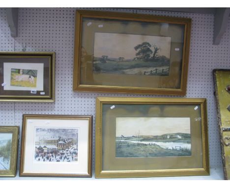 E. EARP? A pair of watercolours, of river scene, and a cottage. Terry Gorman print plus one other print. (4)