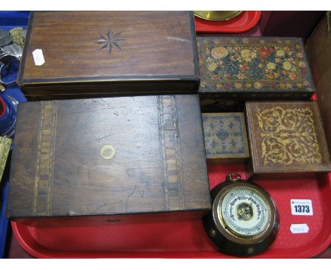 A XIX Century Mahogany Tea Caddy, a XIX Century walnut box, Aneroid barometer etc:- One Tray