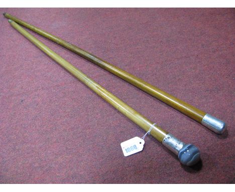 A XIX Century Malacca Cane Walking Stick, with white metal engraved mount and banded agate spherical handle and a hallmarked 