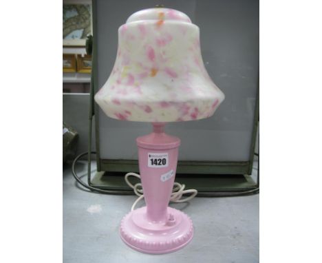 A Circa 1930's Art Deco Bedroom Lamp, featuring a pink bakelite base and pink mottled shade (untested - sold for parts only).