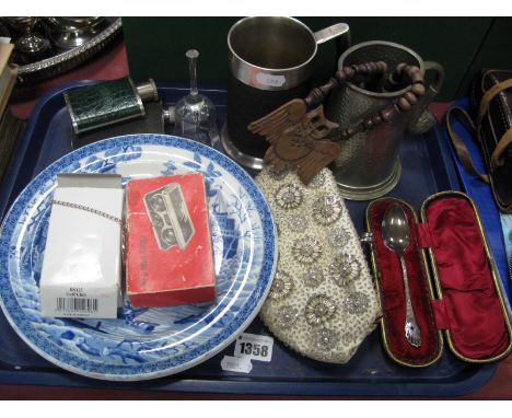 Cased Silver Spoon, Spode blue and white plates, tankards, folding camera, purse, etc:- One Tray