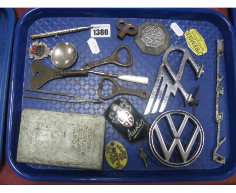 A Chrome 'Flying A' Car Mascot, VW, MG, Austin and Viva badges, Post Office saving bank, bottle openers, 'Premier' Motor Co. 