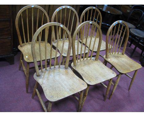 Set of Six Ercol Hoop and Rail Back Dining Chairs, each on shaped seat and 'H' stretcher. 