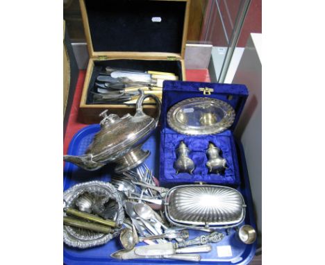 A XIX Century Plate on Copper Tea Pot, with flowerhead finial, roll top butter dish, cruet on tray in a case, Salter Troy sca