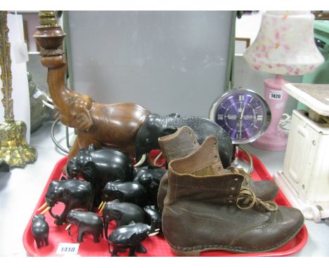 Carved Wooden Elephant Lamp Base, various ebony elephants, Westclox silver jubilee clock, leather 'clog' boots with wooden so