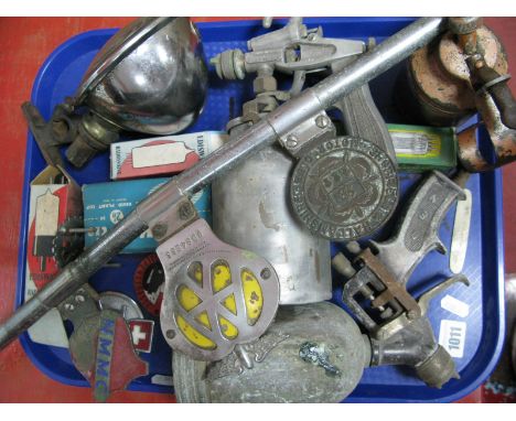 Vintage Automobilia - a car grill bar fitted with 'AA', 'NMMC' and 'Sheffield &amp; Hallamshire Motor Club' badges; further M
