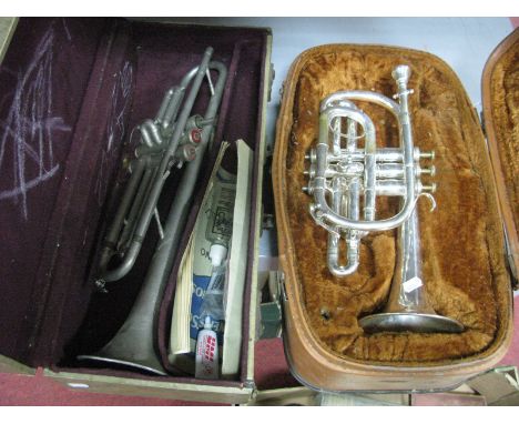 A Hawkes &amp; Son Silver Plated 'The Clippertone Excelsior Sonorous' Cornet (poor case) and a 'Selmer Invicta' trumpet (inco