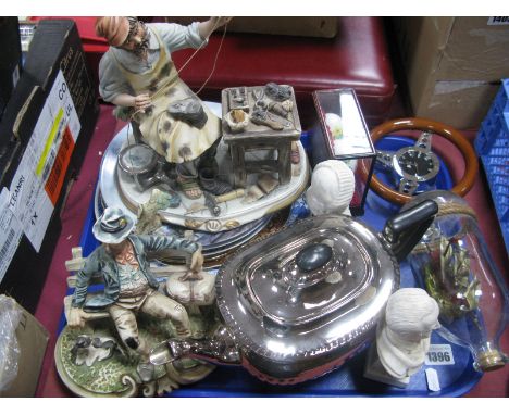 Silver Lustre Tea Pot, Capodimonte Cobbler and Tramp, ship in a bottle, novelty car steering wheel clock:- One Tray