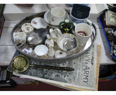 Oval Plated Galleried Tray, Edwardian hip flask, coinage, crested ware, other ceramics, Navy &amp; Army illustrations, illust