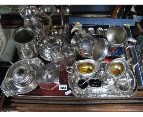 Hallmarked Silver Pepperette and Salts, EPNS preserve dishes, tea caddy, coffee pot, tankards etc:- One Tray