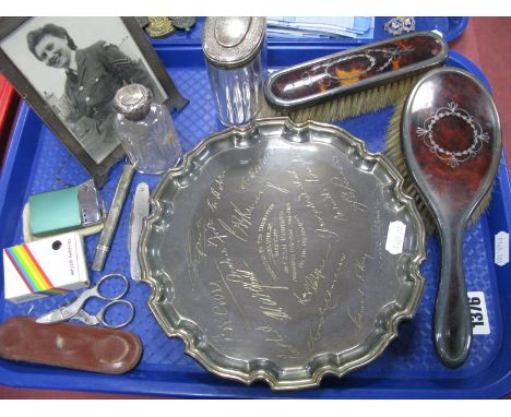 A Hallmarked Silver Mounted Photograph Frame, engine turned on wooden easel back; hallmarked silver topped glass jar, pique w