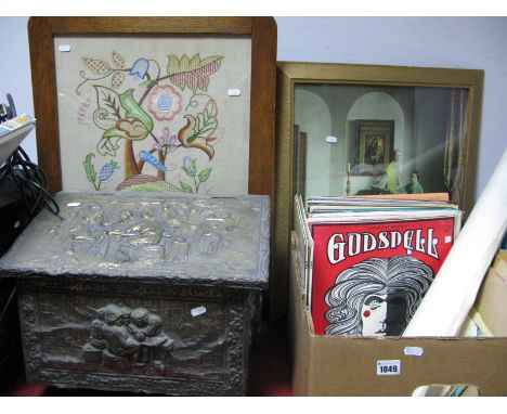 A Slope Front Brass Covered Coal Box, oak framed fire screen, gilt framed print, lp's posters etc. (4)