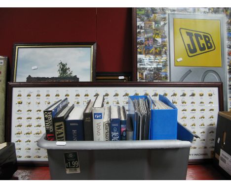 JCB 'Sixty Years' Colour Print, further JCB print, cityscapes, etc (6); together with Volvo magazines, car literature.