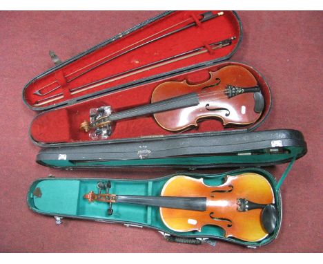 An Early XX Century Violin, two piece back, the tailpiece inlaid with mother-of-pearl birds and foliage (back length includin