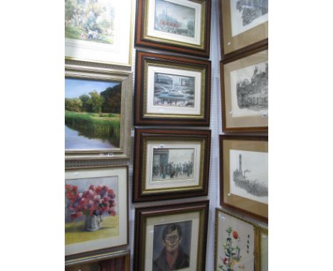 L.S. Lowry Portrait Print, 33.5 x 27.5cm plus three of his traditional street scene prints (4)
