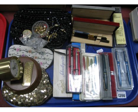 Ladies Evening Bag, purses, wristwatch, pen sets including Parker, Elite, Lyra, Nara, Lazer, etc; desk clock presented by Bri