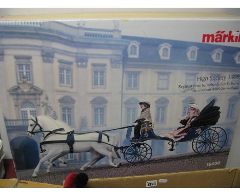 A Marklin #16030 G Scale High Society 1908 Model Set, comprising of four wheeled horse drawn carriage, dark blue coachwork wi