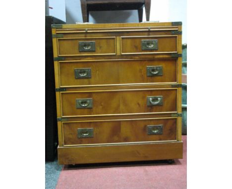 A Yew Wood Campaign Chest of Two Small, Three Long Drawers, with metal mounts, upper sliding shelf having scriver, side carry