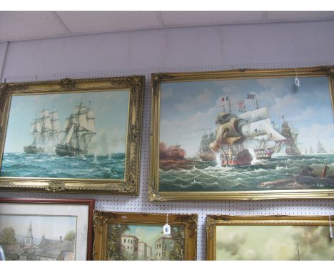 The Final Salvo, French/English Naval Battle Scene, oil on boards, unsigned, 60 x 89cm; together with a similar print. (2)