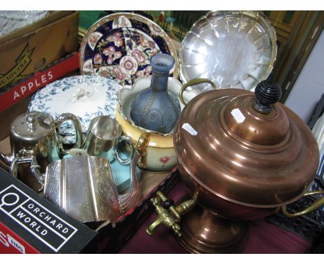 Britannia Metal Tea Pot, Walker &amp; Hall hot water jug, dish, Masons plate, glass vase etc:- One Box plus copper tea urn.