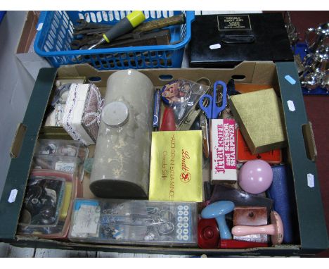 Needlework Accessories Buttons, scissors, stoneware hot water bottle, boots first aid kit, tools, etc. Two Boxes. 