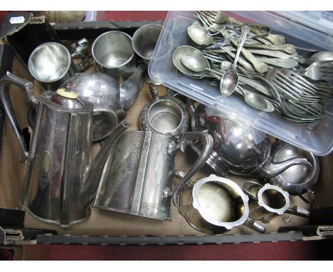 A XIX Century Walker &amp; Hall Plated Four Piece Tea Set, two three piece plated tea sets, mugs, assorted loose cutlery, etc