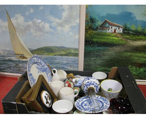 A Montague Dawson Colour Print 'Racing Wings', 49 x 74cm; and a oil study of a cottage landscape scene, signed Lucas 59 x 90c