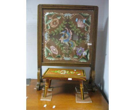 Oak Framed Needlework Firescreen, 50cm wide. Ebersol painted stool. (2).