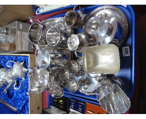 Plated Ware, including caddy, swing handled basket, sauce boats, egg cups, tray, large candlestick (lacking snuffer) etc:- On