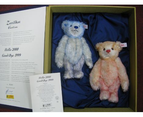 A Modern Steiff #670367 Hello 2000, Goodbye 1999. two Teddy Bear set both jointed 22cm high, Certified No 01047, presented in