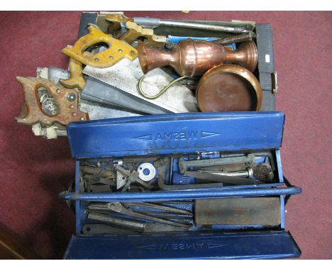 DIY Tools - saws, monkey wrench, hand drill, hammers etc - one box and one metal tool box. (2)