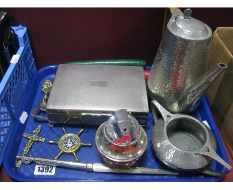 Engine Turned Cigarette Box, "English Pewter" Coffee Pot, table lighter, ships wheel compass, letter opener, bottle opener:- 