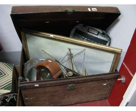 A Vaughan &amp; Sons Steel Trunk, containing brass coal shuttle, candlesticks, garden sprayer, repro Guniness mirror, L.P's, 