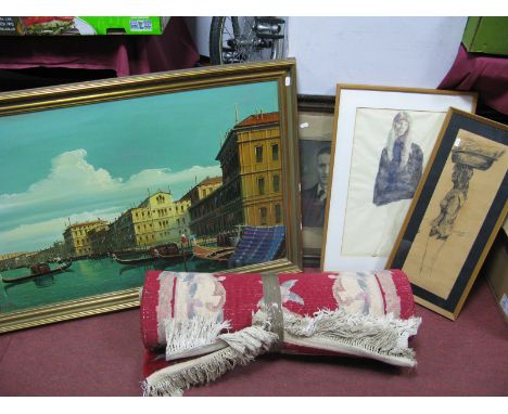 Large Print on Canvas Venetian Canal Scene, pencil drawing, watercolour, framed photograph; together with two wool rugs.