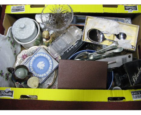 Hummel Girl, Doulton character jug, Victorian copper lustre jug, 'Magic Crystal' model car and other ceramics, cutlery:- One 