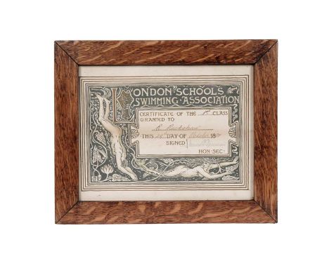 Walter Crane(1845-1915)London Schools Swimming Association certificate, awarded to R. Rackshaw, 1st Class, 29th October1898,m