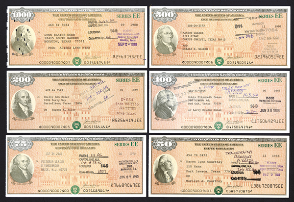 U.S. Savings Bond, Series EE ca. 1988-1990 Bond Assortment. Lot of 6 ...