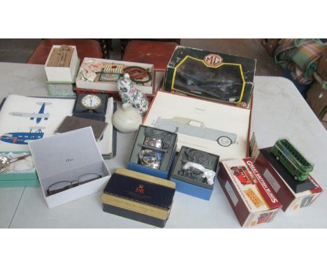 Box of oddments to include Corgi MGF 1.8 IVVC Roadster in original box, plated cigarette case, ceramic Oriental design cat, t