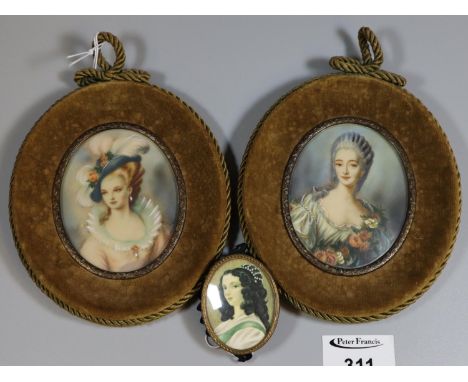 Pair of 20th century probably Italian miniatures of women, possibly Mary Antoinette, together with a small portrait miniature