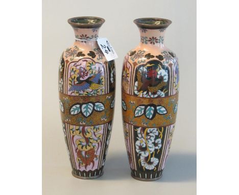 Pair of Japanese cloisonne vases of ovoid form decorated with multi-coloured stylised birds, flowers and foliage. 26cm high a