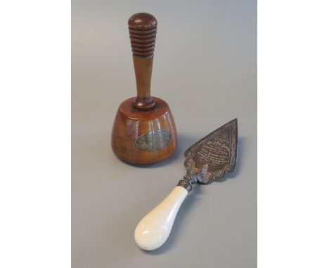 Silver plated presentation trowel with ivory handle, 'presented to Mrs J Fear Davies on laying a memorial stone at Neath Miss